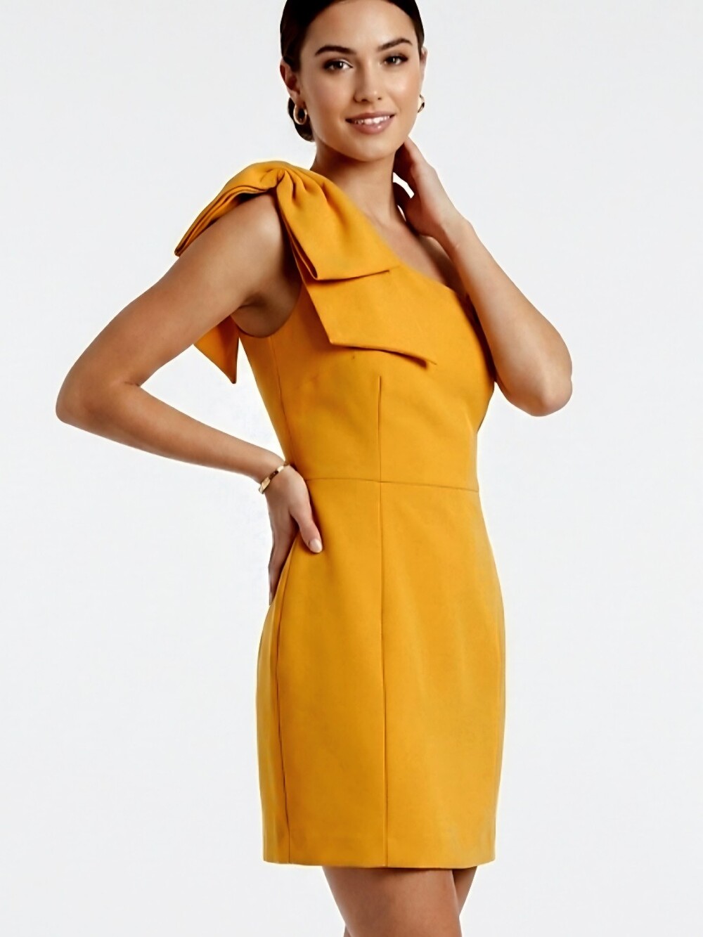 Gianni Bini Mustard Yellow One-Shoulder Bow Mini Dress Size 8